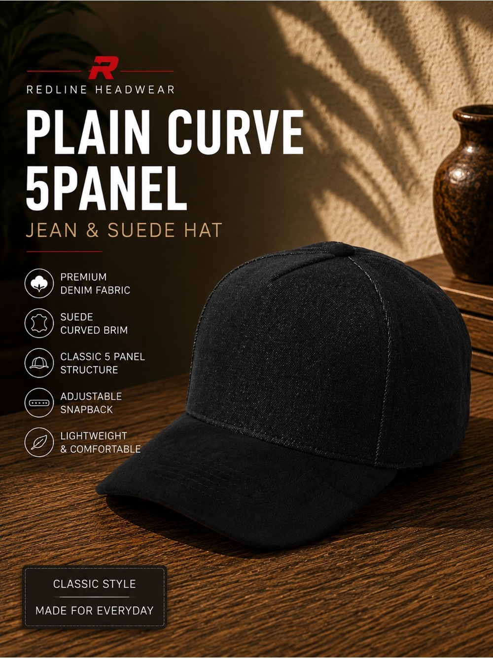 Plain Curve 5-Panel Jeans & Suede Hat in Black